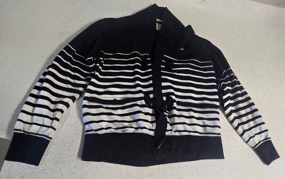 Rocawear Denim Cardigan Jacket Large Black Ombre Stripe Elbow Patches Snap Front